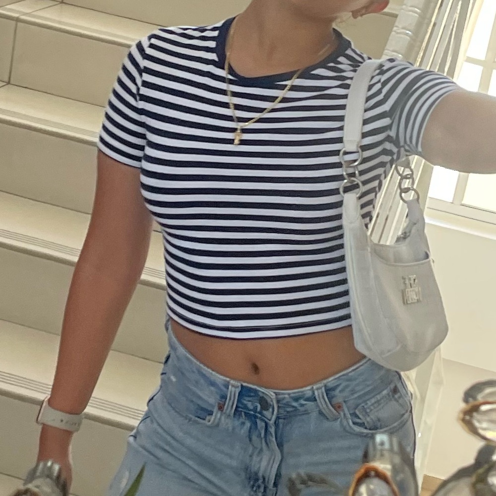 Zara Navy and White Striped Short Sleeve Tee